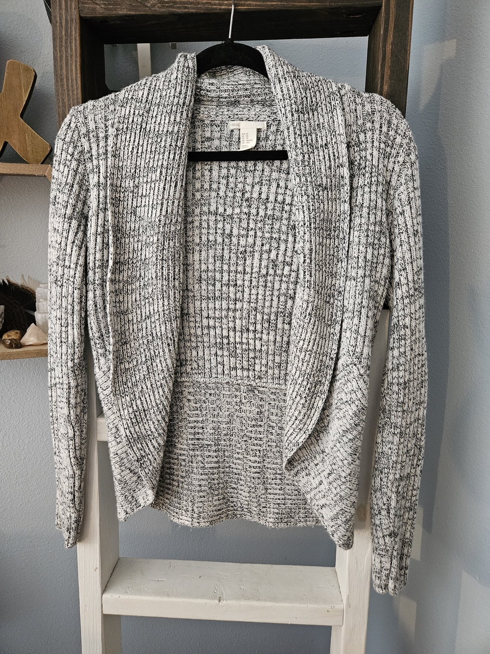 H&M Gray White Marled Knit Open Front Shawl Collar Ribbed Cardigan Sweater XS